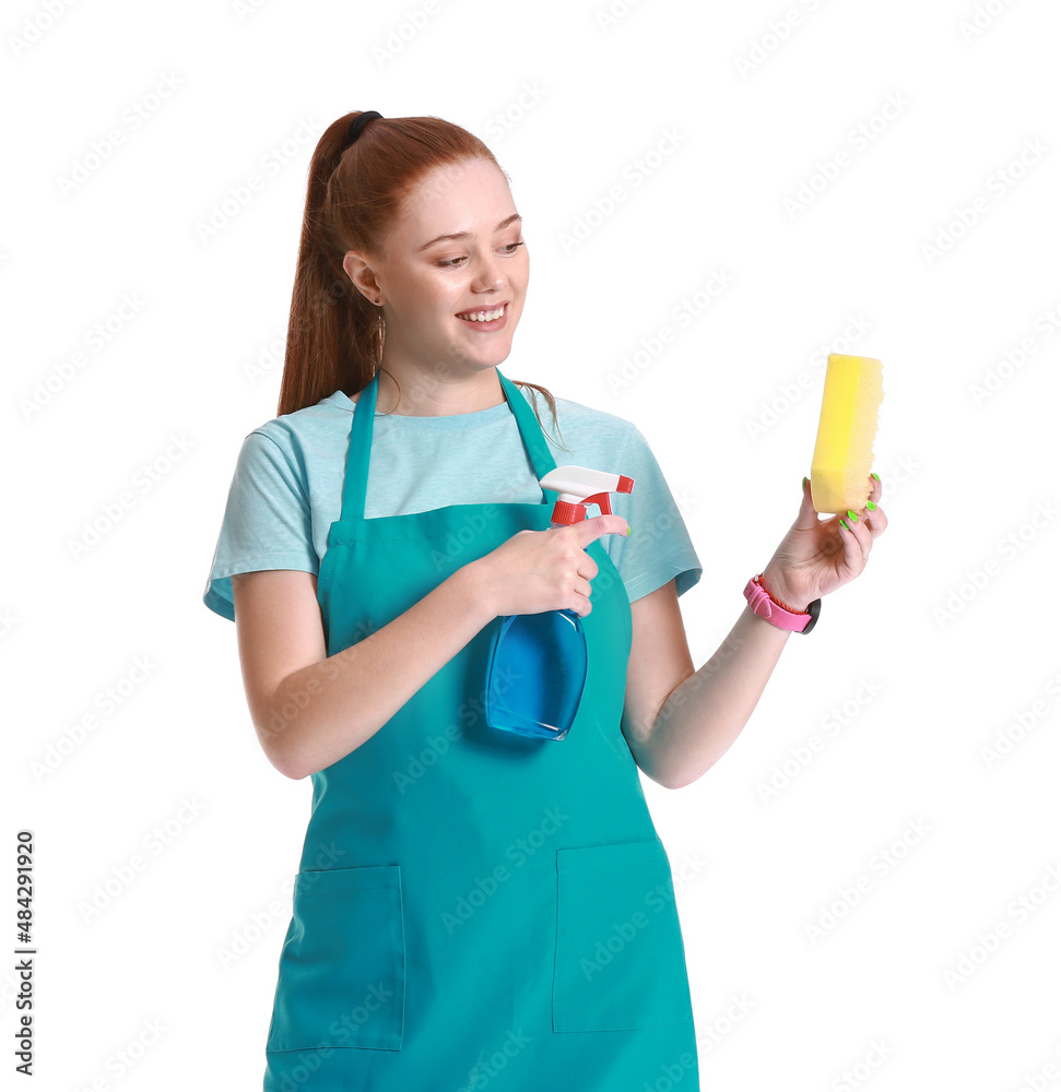 Young woman with sponge and detergent on white background Young woman with sponge and detergent on white background