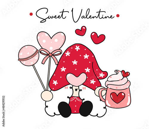 Cute Red valentine Gnome gril with pink whip cream mug and heart shape candy, cartoon flat vector outline
