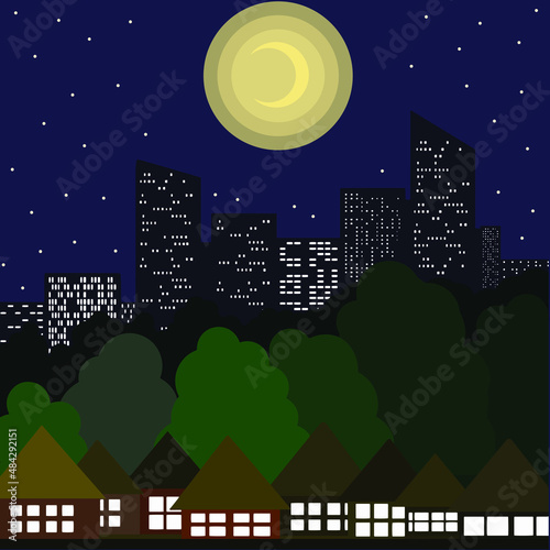 Vector illustration of the night city. Dark city with the moon.  Night city scenery cute house in trees in flat style, dark blue background.