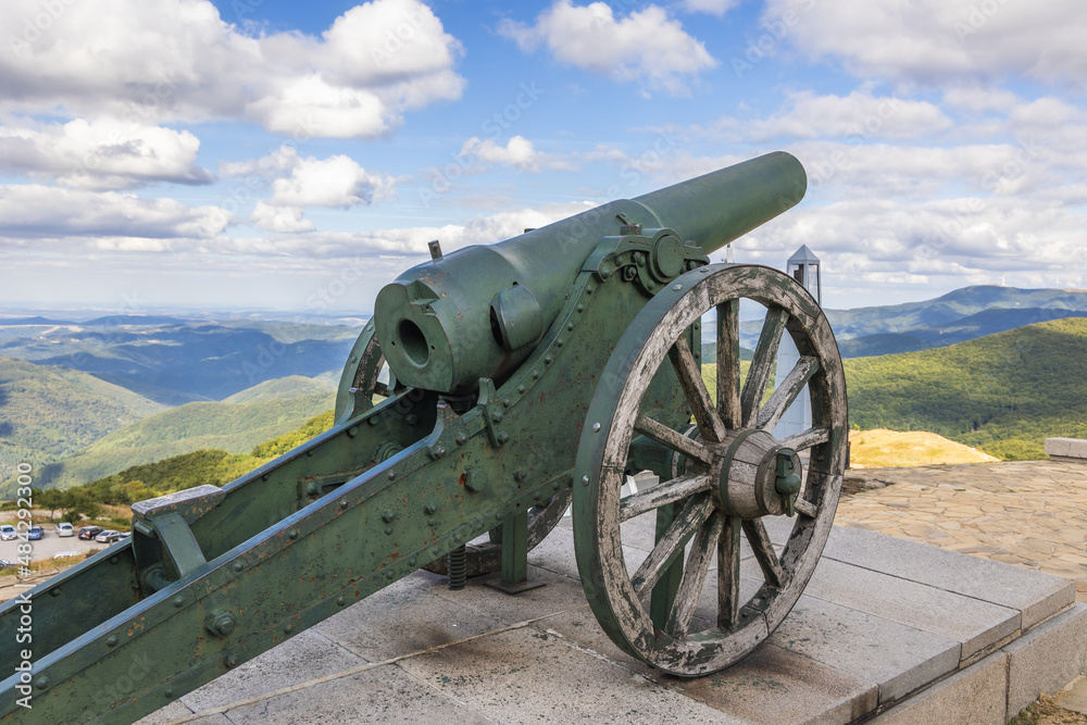 Old canon next to Monument of Freedom on a Mount Stoletov on Shipka Pass, Bulgaria