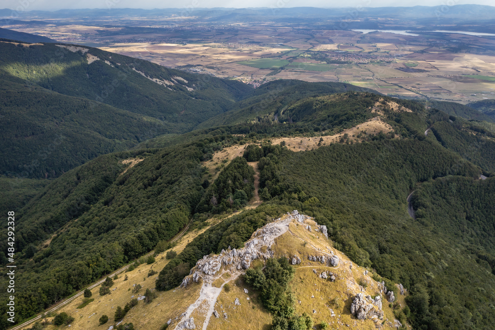 Drone photo of path to rocky peak called Eagles Nest on Shipka Pass, Balkan Mountains in Bulgaria