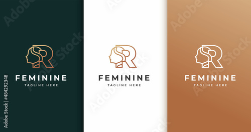 Minimalist letter R feminine logo design with luxury lines woman s face 