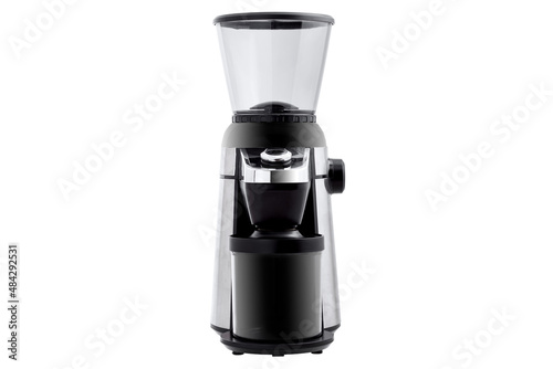 burr coffee grinder in plastic case design with steel inserts, object for grinding coffee beans for making espresso, home appliance object front view isolated on white, nobody.