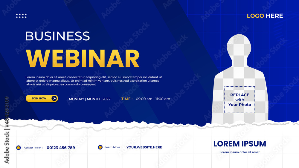 Business webinar website banner template with blue background and torn paper shape