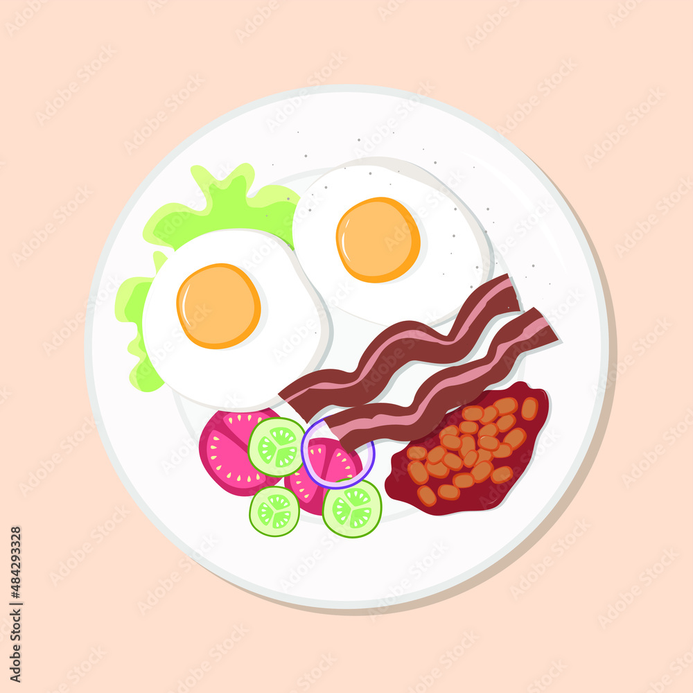 English breakfast eggs, beans, meat, vegetables with salad healthy diet meal on plate. Vector illustration. Simple flat stock image. fried eggs on table healthy food nutrition