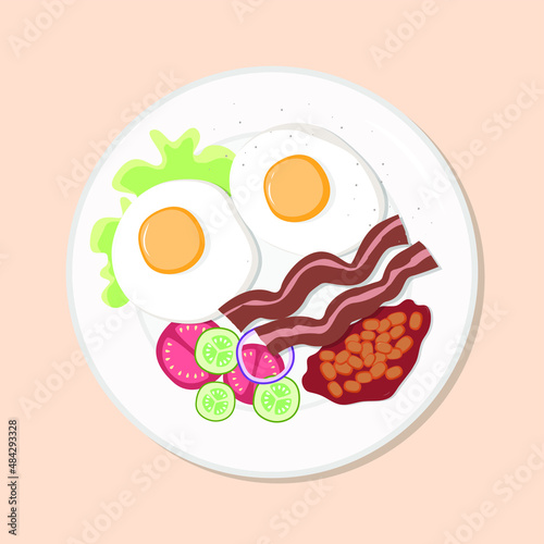 English breakfast eggs, beans, meat, vegetables with salad healthy diet meal on plate. Vector illustration. Simple flat stock image. fried eggs on table healthy food nutrition