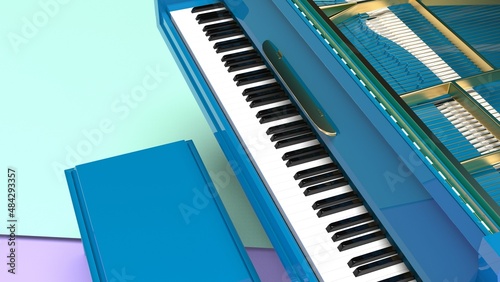 Blue grand piano on blue-purple surface background. 3D illustration. 3D CG. 3D high quality rendering.