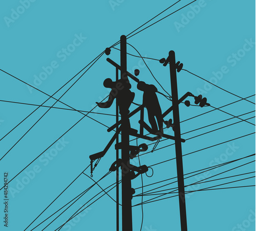 Silhouette of Electricians workers are working to connect telephone lines and busy cables with blue sky background. Technology and occupation concept. Flat vector illustration