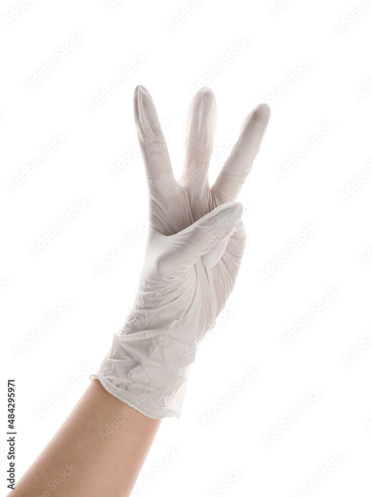 Woman in medical glove showing three fingers on white background Woman in medical glove showing three fingers on white background