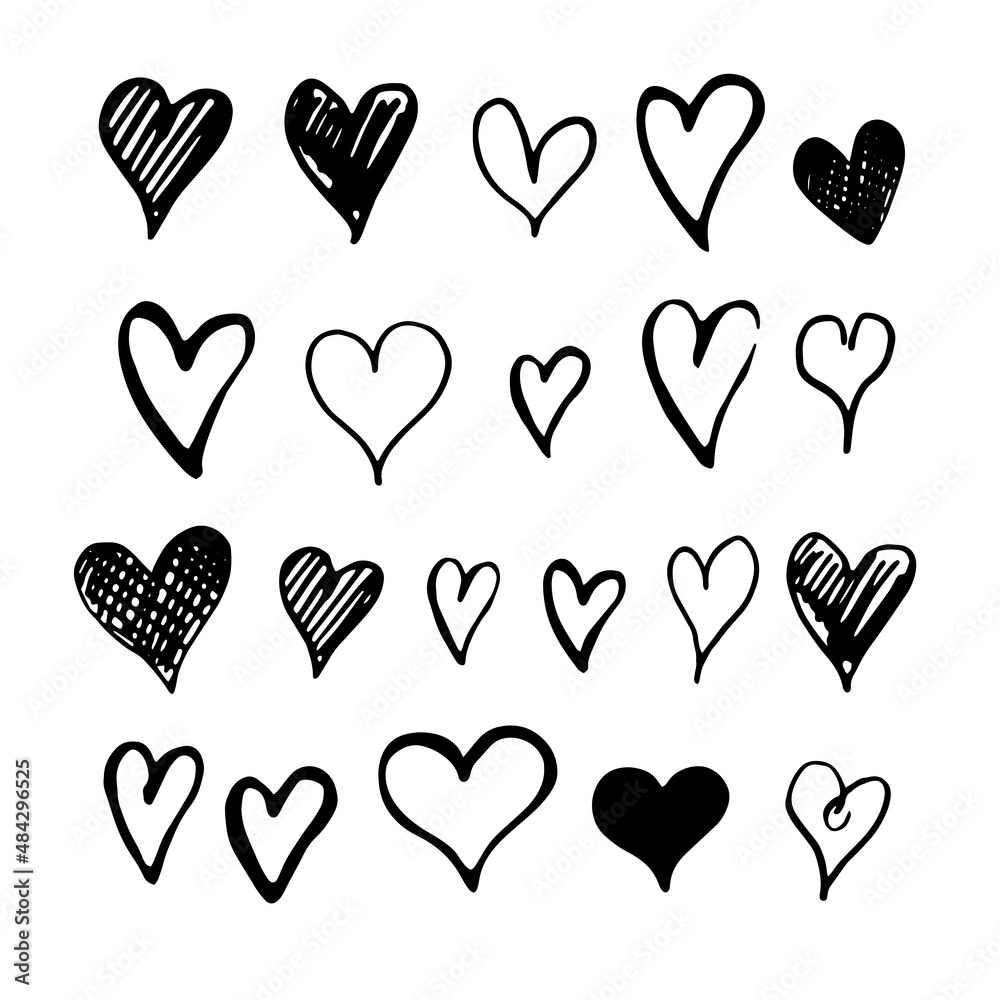 Big set of twenty one hearts hand drawn hearts,isolated on white background. Design elements for Valentine's day.