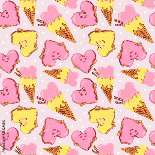 Sweets and ice cream on pink with dots