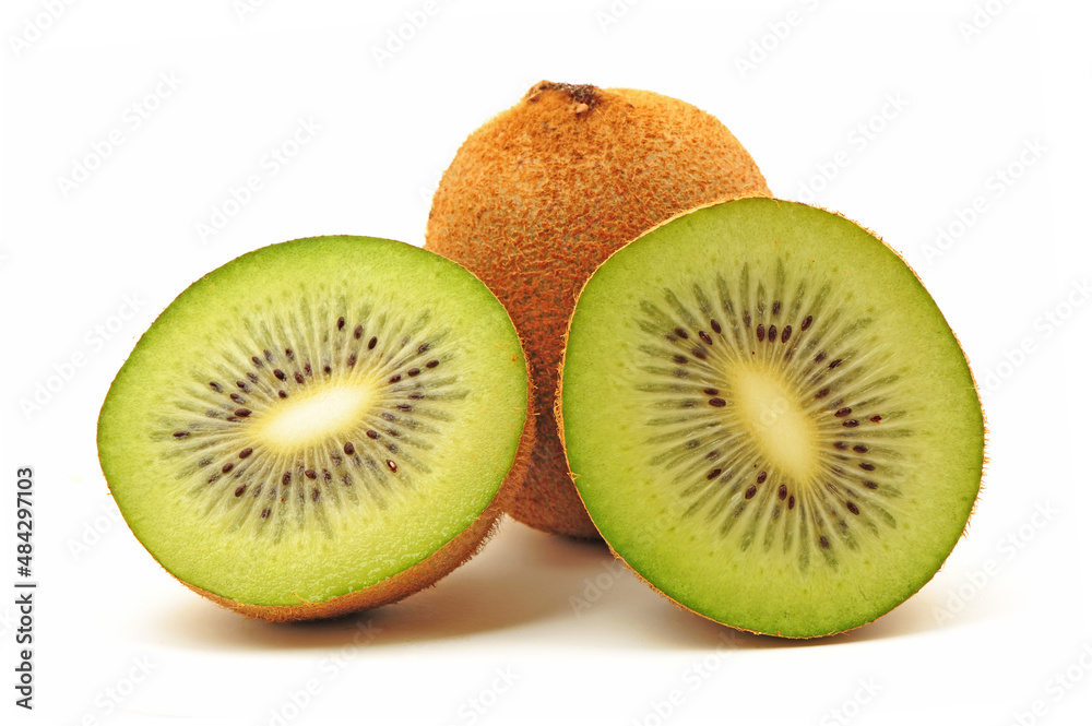 Whole and cut golden kiwifruit/ kiwi (Actinidia chinensis) on white background Whole and cut golden kiwifruit/ kiwi (Actinidia chinensis) on white background
