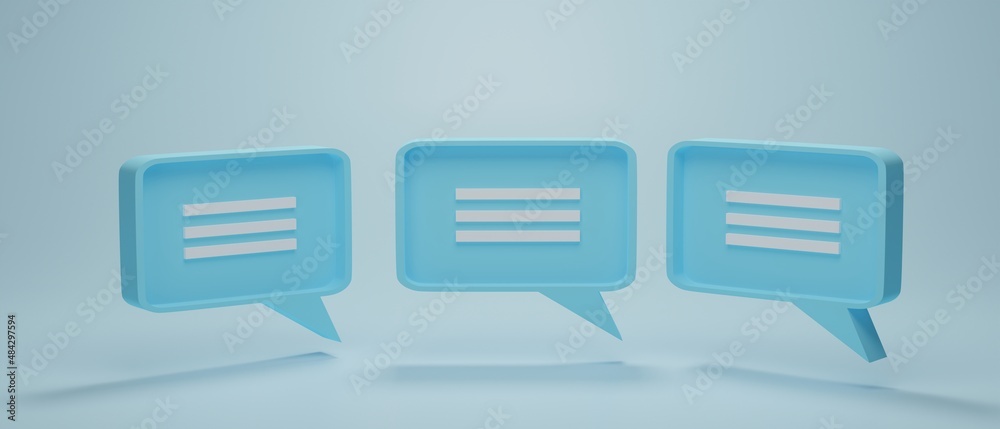 Set of 3 chat bubble icon or speech bubbles symbol on blue pastel background. Concept of chat, communication or dialogue. 3d rendering illustration. Set of 3 chat bubble icon or speech bubbles symbol on blue pastel background. Concept of chat, communication or dialogue. 3d rendering illustration.