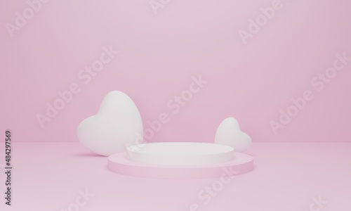 3d render. Pink heart and podium stand to show product display on pastel color background. Abstract minimal geometric shapes backdrop for valentine day design composition. © banphote