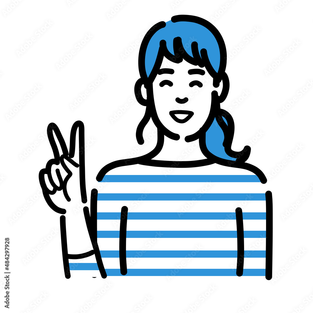 笑顔でピースサインをしているポニーテールの若い女性
