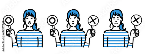 マルバツの札を持っている若いポニーテールの女性のセット
