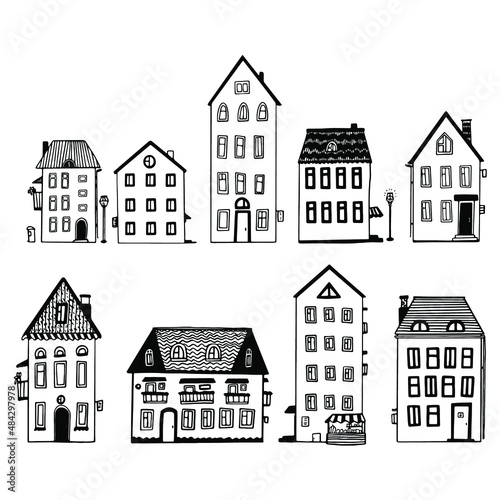 illustration vector graphic linear drawing small houses, cute town. doodle 