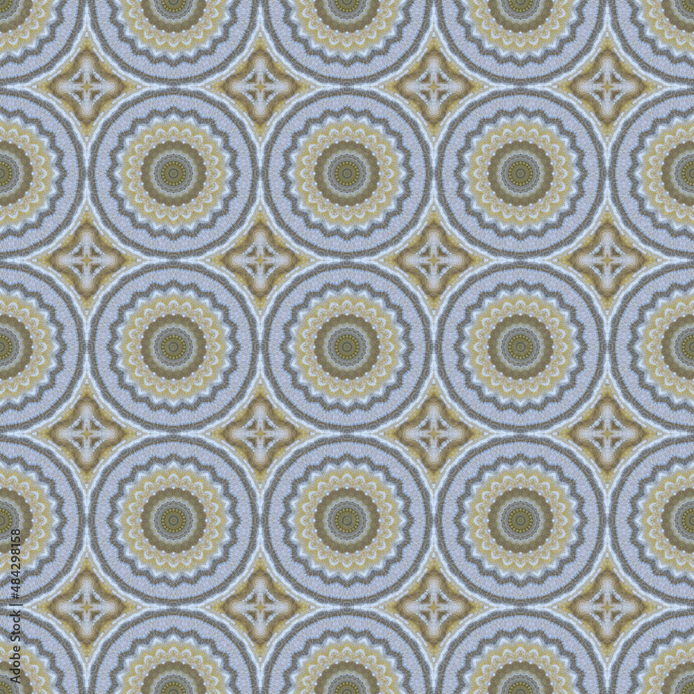 Abstract geometric mosaic seamless pattern, gray-blue-yellow color. Kaleidoscopic background for trendy textiles. Design for fabric, wallpaper, paper, cover, weaving, packaging, tiles, ceramics.