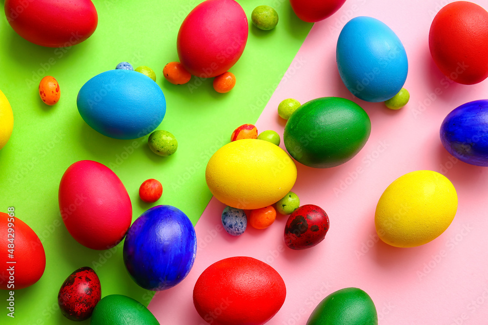 Different painted Easter eggs on color background Different painted Easter eggs on color background