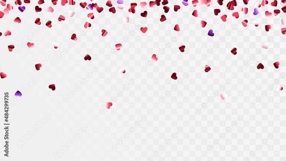 Frame made of shiny confetti hearts on a transparent background