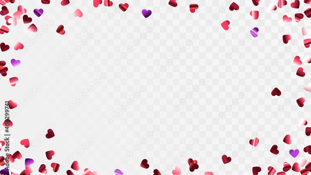 Falling shiny confetti hearts on a transparent background