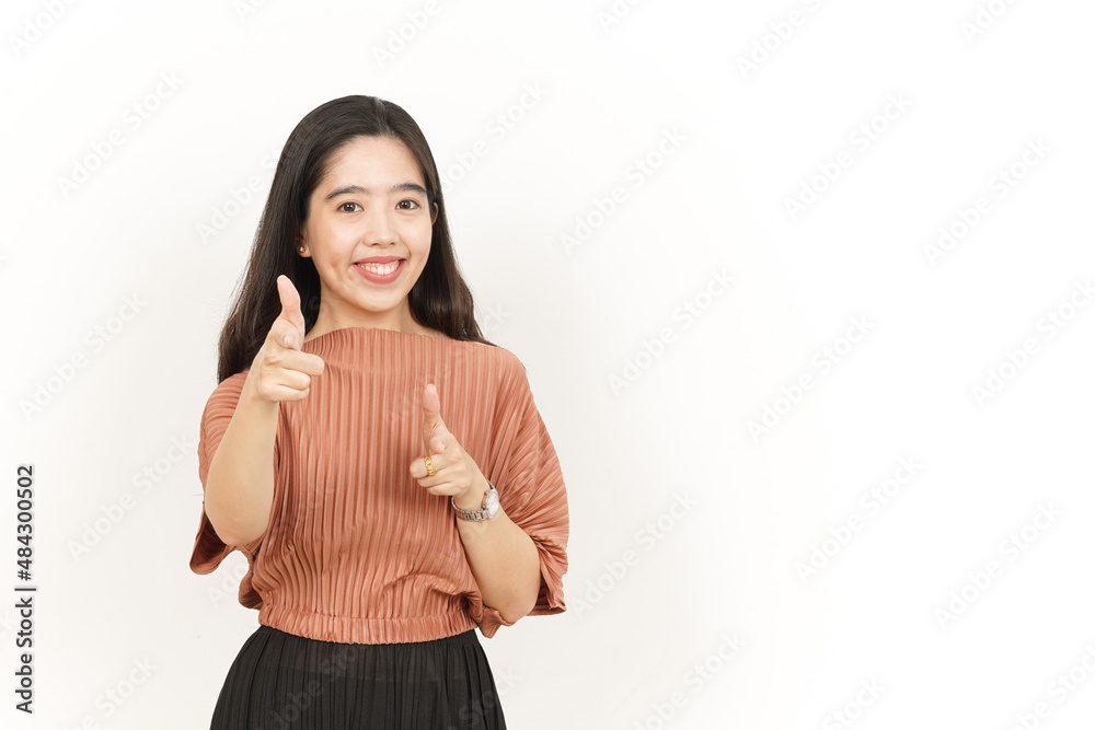 Smile and Pointing at Camera, Want You Gesture Of Beautiful Asian Woman Isolated On White Background Smile and Pointing at Camera, Want You Gesture Of Beautiful Asian Woman Isolated On White Background