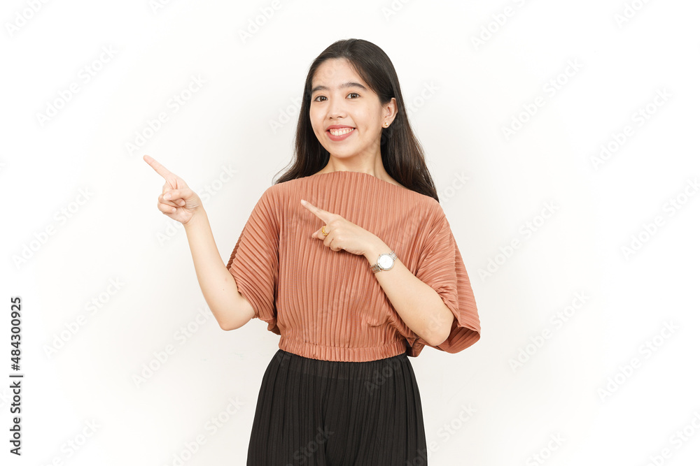 Showing Product and Pointing Side Of Beautiful Asian Woman Isolated On White Background Showing Product and Pointing Side Of Beautiful Asian Woman Isolated On White Background