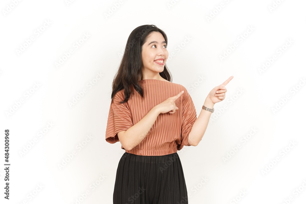 Showing Product and Pointing Side Of Beautiful Asian Woman Isolated On White Background Showing Product and Pointing Side Of Beautiful Asian Woman Isolated On White Background