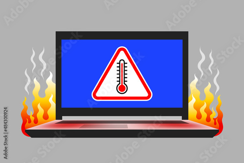 Laptop, warning triangular sign with thermometer icon inside and flame