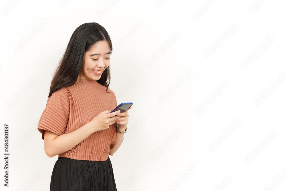 Holding and Using Smartphone Of Beautiful Asian Woman Isolated On White Background Holding and Using Smartphone Of Beautiful Asian Woman Isolated On White Background