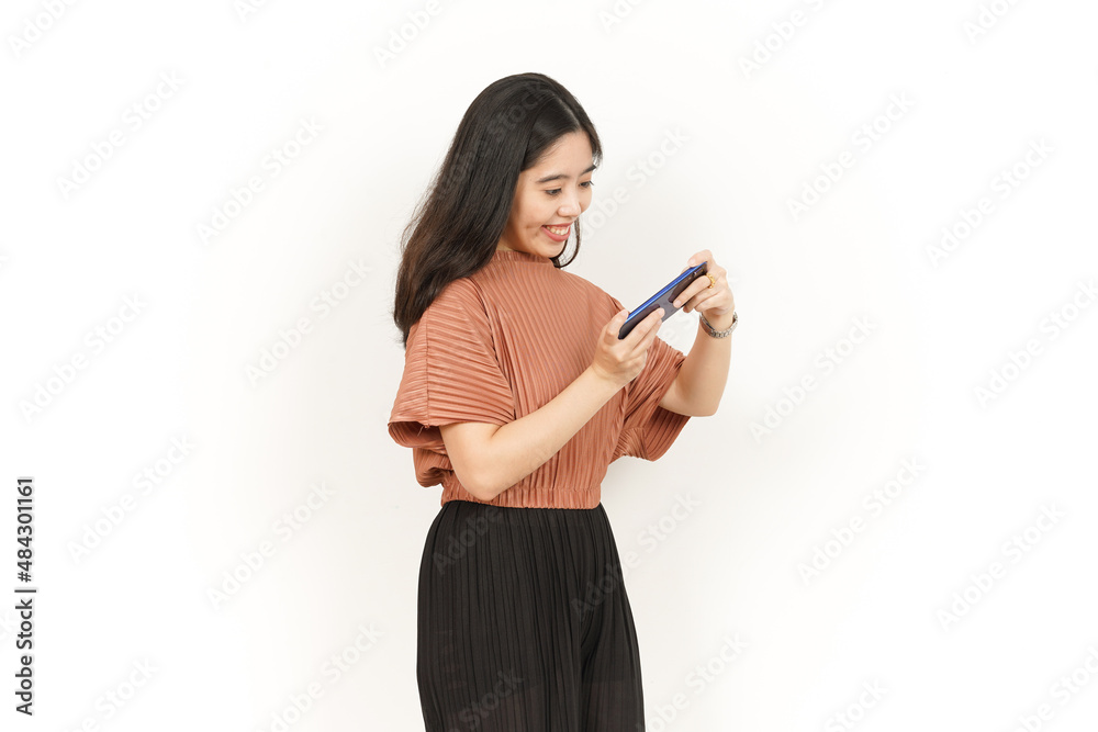 Playing Games On Smartphone Of Beautiful Asian Woman Isolated On White Background Playing Games On Smartphone Of Beautiful Asian Woman Isolated On White Background
