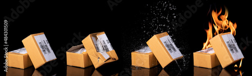 Slika na platnu damaged cardboard parcel on black background,Burning,get wet,damaged cardboard b