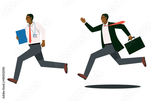 急ぐ、走る2種の黒人ネグロイド男性のビジネスマン。会社員のアバター、イラストセット白背景