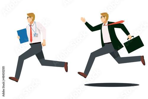 急ぐ、走る2種の白人コーカソイド男性のビジネスマン。会社員のアバター、イラストセット白背景