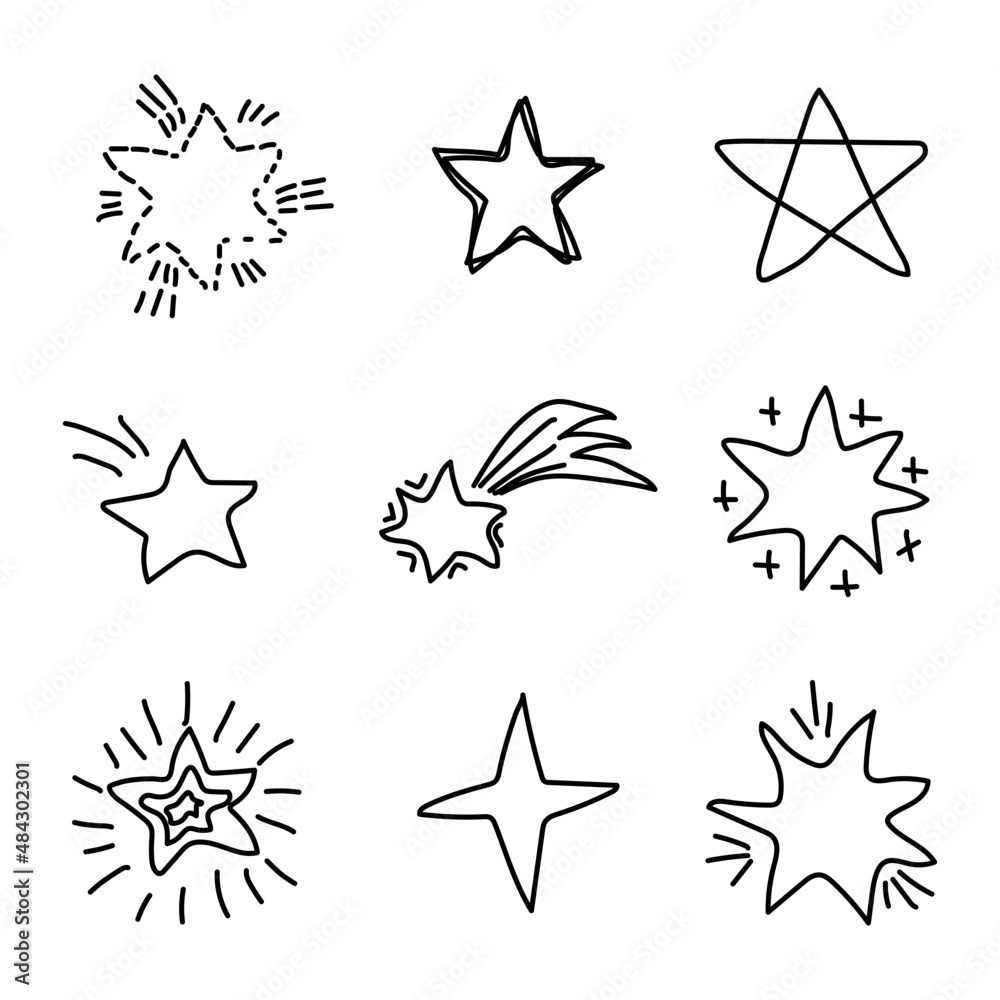 Obraz premium Black grunge stars set. Dream symbols. Doodle sketch. Cartoon style. Creative design. Vector illustration. Stock image.