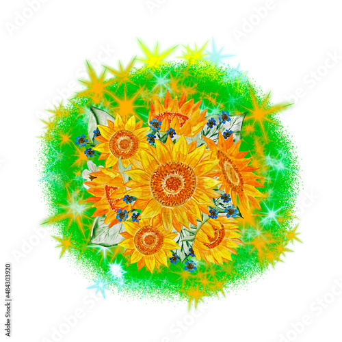 Sunflowers on a bright background. Floral ornament. Drawing for T-shirts. Image for design.