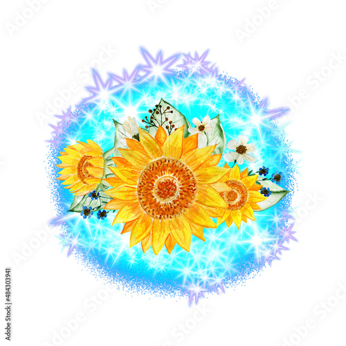 Sunflowers on a bright background. Floral ornament. Drawing for T-shirts. Image for design.