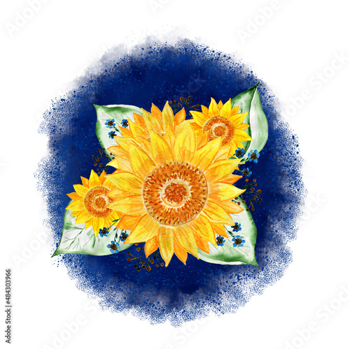 Sunflowers on a bright background. Floral ornament. Drawing for T-shirts. Image for design.
