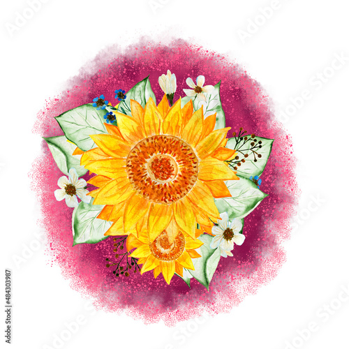 Sunflowers on a bright background. Floral ornament. Drawing for T-shirts. Image for design.