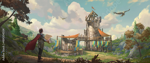 Leinwand Poster A landscape illustration of the medieval fantasy fortified castle and knights with colourful trees under vast blue sky