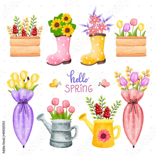 Watercolor set of spring elements 