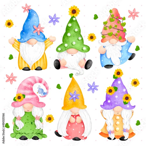 Watercolor set of spring gnome 