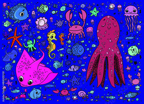 illustration sea inhabitants octopus fish jellyfish crabs crayfish seashells 