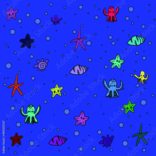 illustration sea inhabitants octopus fish jellyfish crabs crayfish seashells 