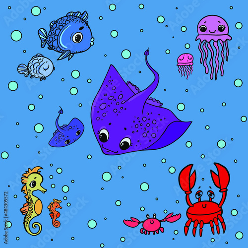 illustration sea inhabitants octopus fish jellyfish crabs crayfish seashells 