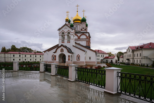 Cathedral of St. Sergius of Radonezh in the Trinity-Sergius Varnitsky Monastery on a cloudy rainy day, Rostov the Great, Yaroslavl region, Russia
