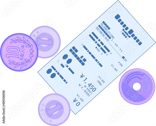 一枚のレシートと小銭のお釣り 領収書 確定申告