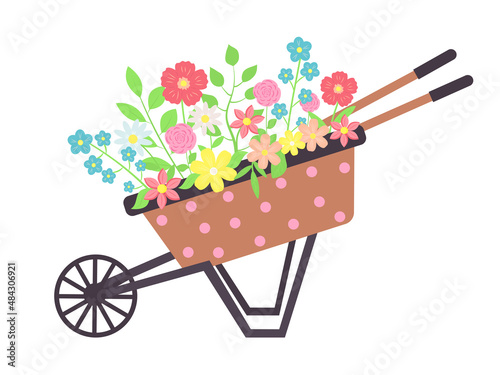Vintage wooden polka dots cart with flowers. Cartoon wheelbarrow with gardening flowers. Gardening, spring or summer concept.