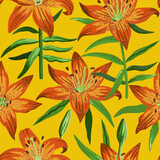 Seamless pattern with garden orange lilies in artistic realistic style.