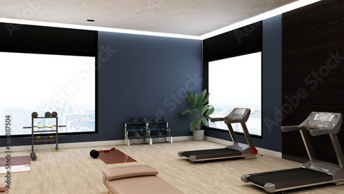 Black blank wall in modern gym interior with wooden floor